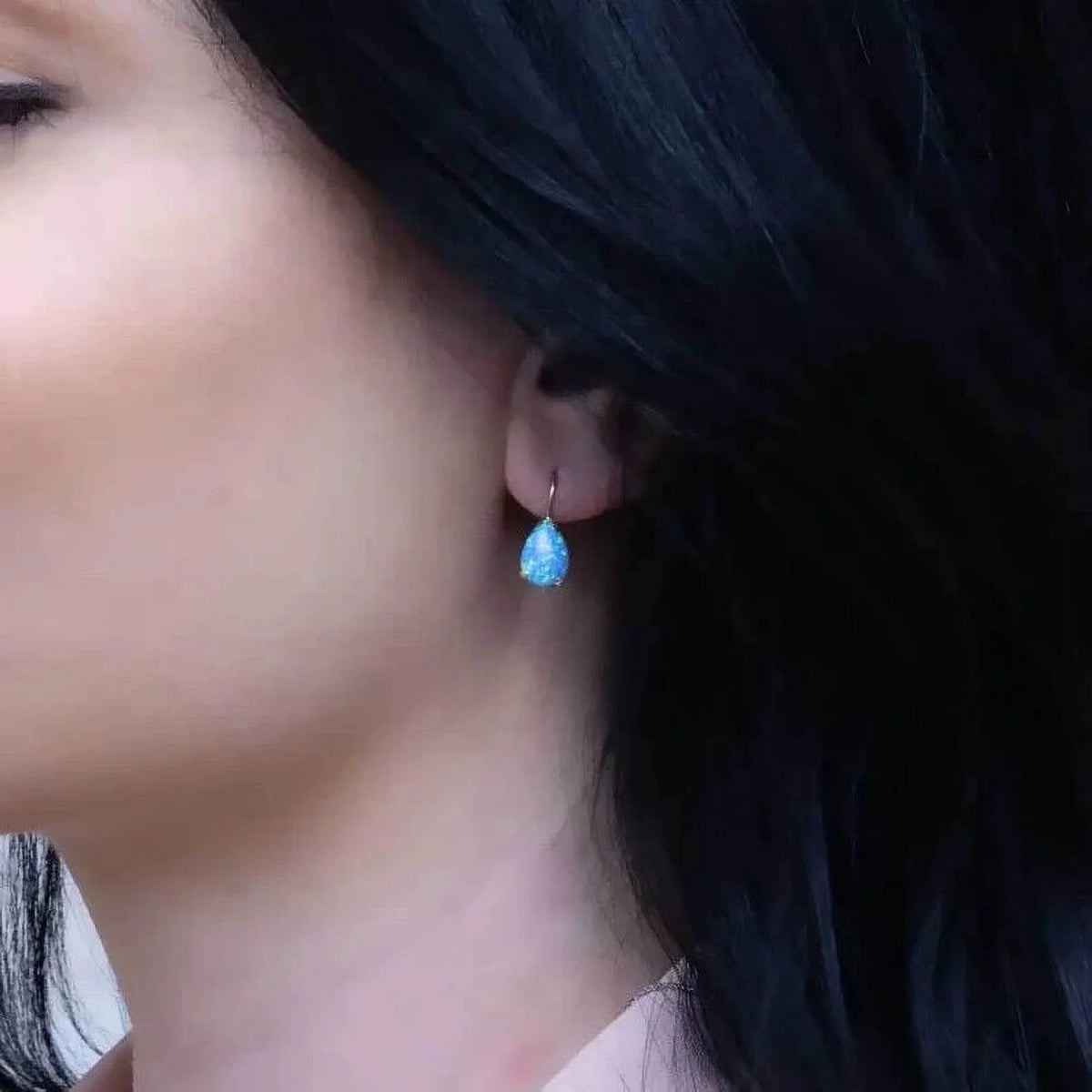 14K Yellow Gold Pear Cut Blue Opal Gemstone Teardrop Earrings W621013