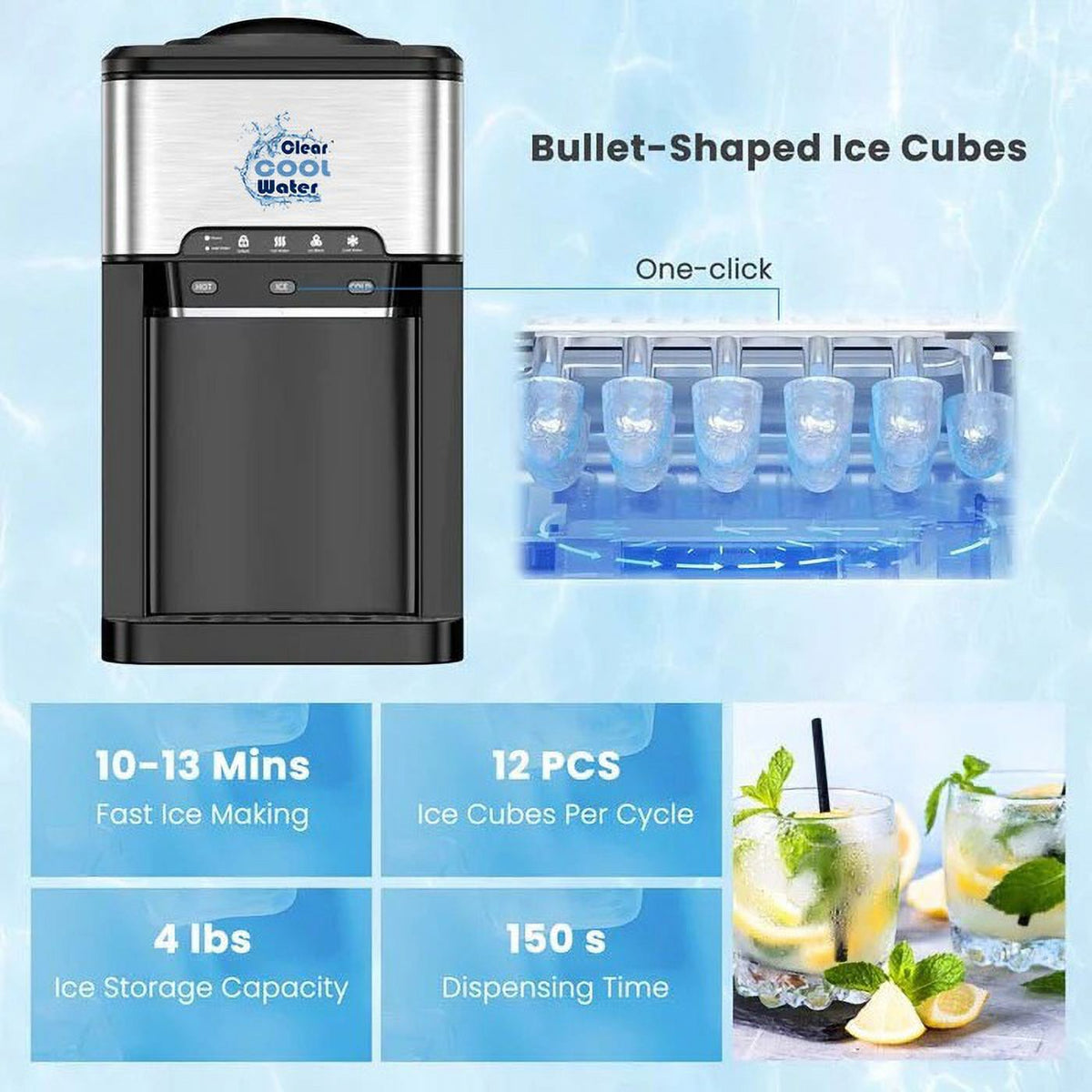 3 in 1 Countertop Water Cooler Dispenser Ice Maker with Ice Block 44 lb Ice Storage T5417