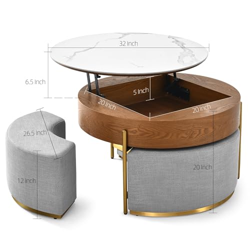 32" Round Marbling Pattern Slate Lift Top Coffee Table Set with Storage K681
