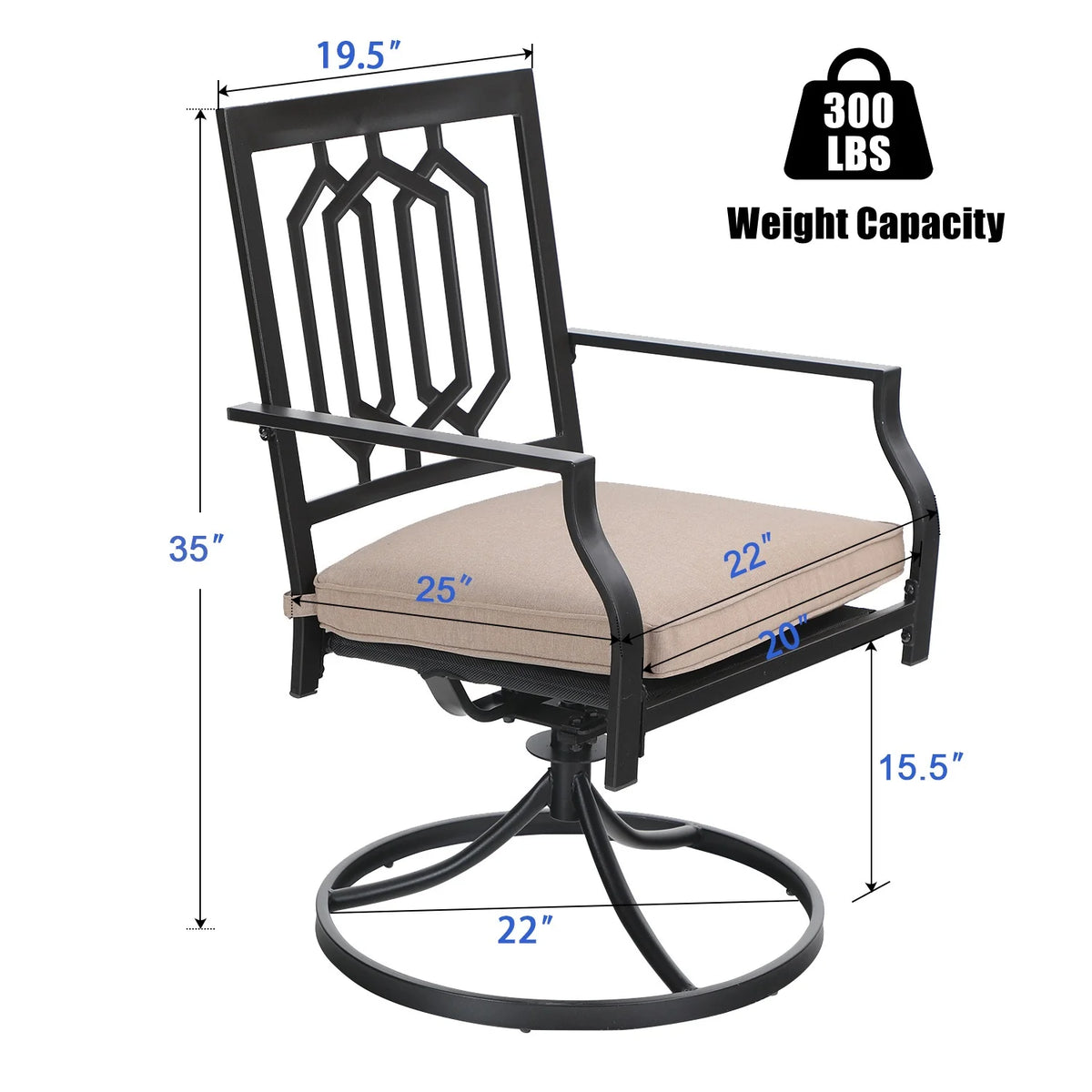Set of 2 Outdoor Swivel Dining Chairs, Steel Frame with Cushion, Black&Beige G58180