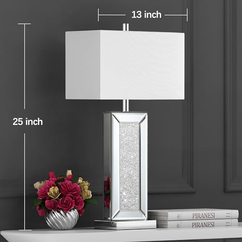 Table Lamp Set of 2 Touch Control Silver Mirror Crystal with USB C+A Ports 3-Way Dimmable White Fabric Shade Z129060