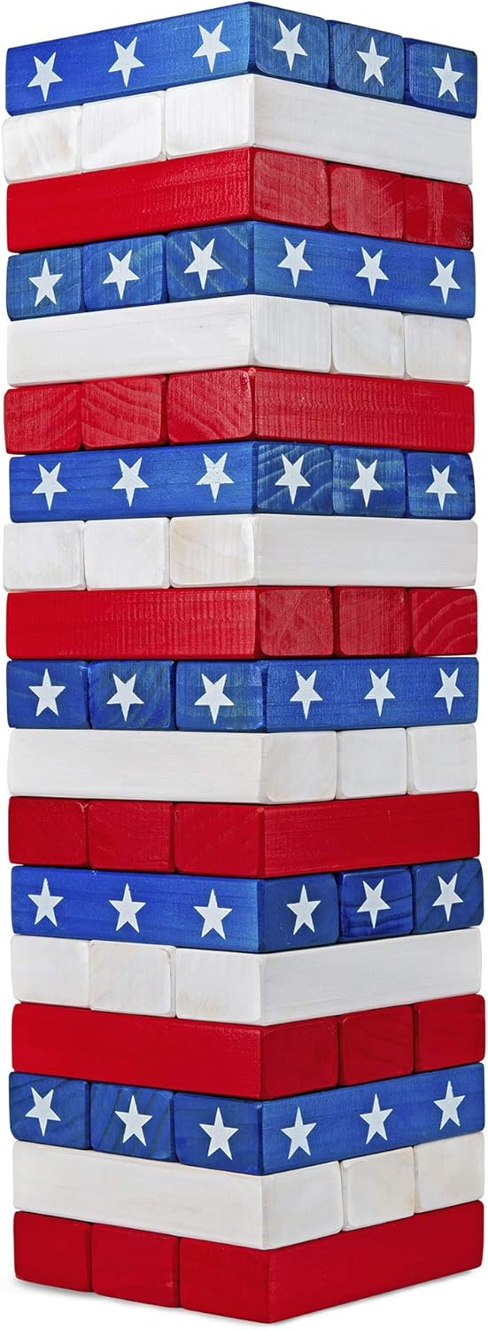 Large American Flag Tumbling Tower 54pc Wooden Toppling Blocks Stacking Yard Game with Storage Carry Bag B569837