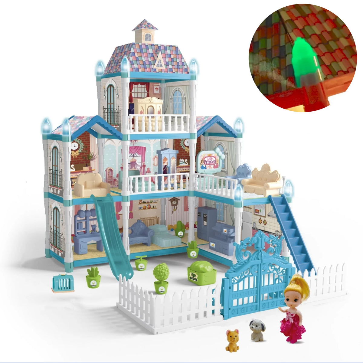 8 Room Dollhouse Play Set with Slide Doll and Furniture Accessories, 191 Pcs F870