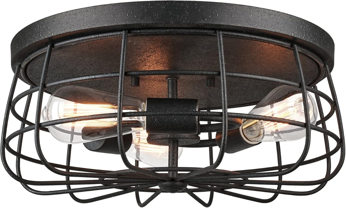 Textured Black 3-Light Cage Flush Mount Ceiling Light N6553