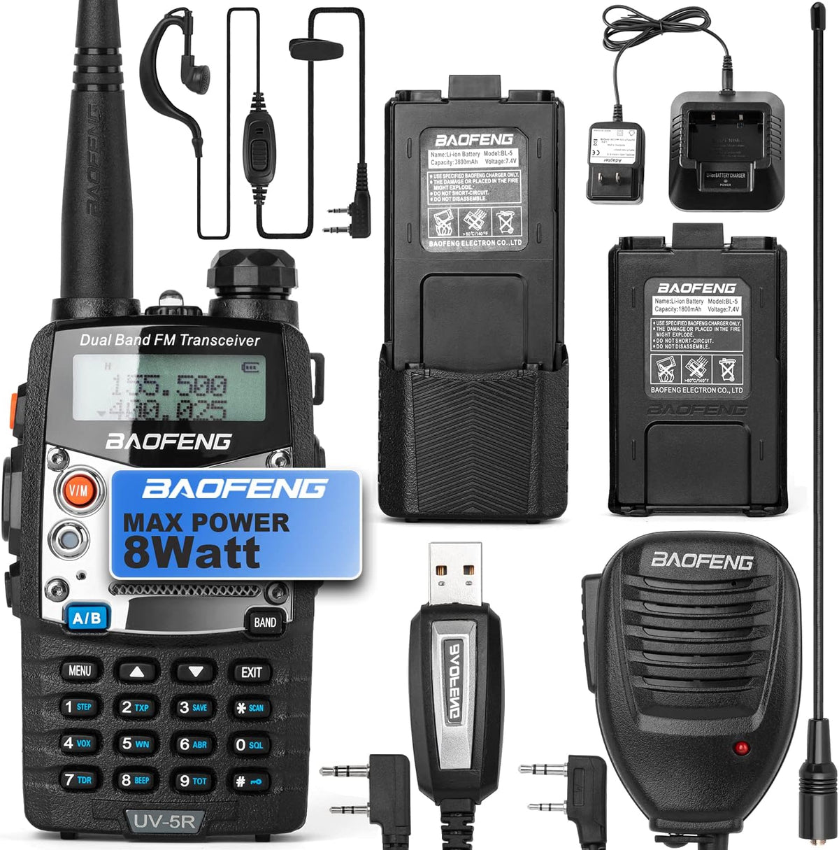 UV-5R Pro Dual-Band 2-Way Radio Handheld Walkie Talkies with 2 Rechargeable Battery and Earpiece I800