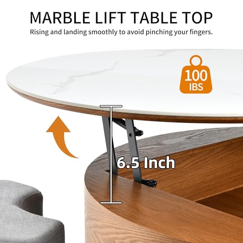 32" Round Marbling Pattern Slate Lift Top Coffee Table Set with Storage K681