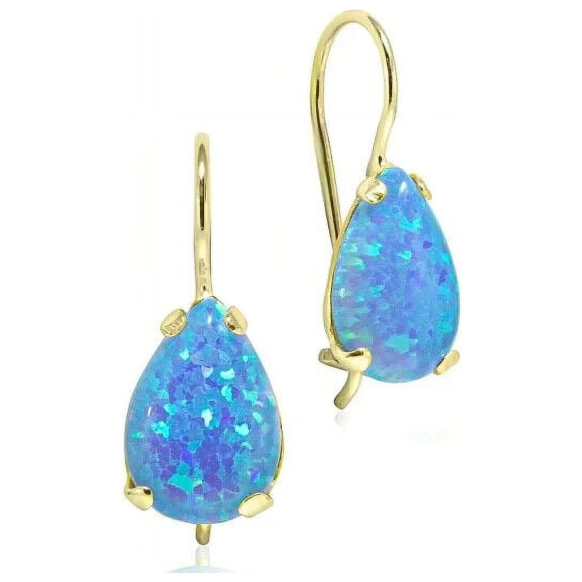 14K Yellow Gold Pear Cut Blue Opal Gemstone Teardrop Earrings W621013