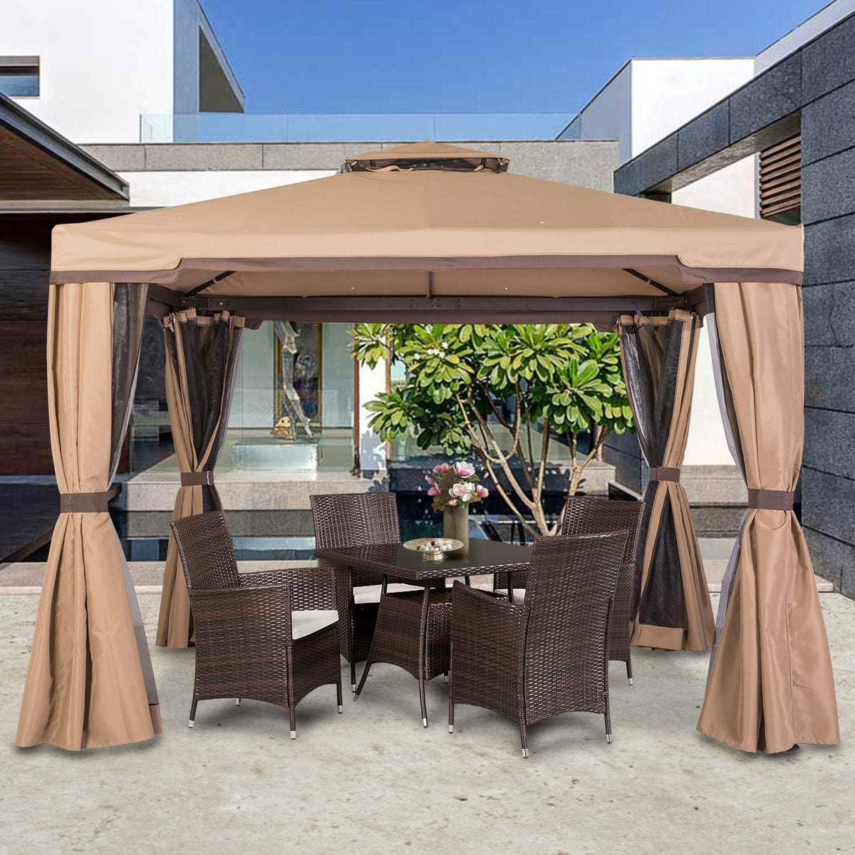 Beige 10 x 10 FT Outdoor Patio Gazebo with Mosquito Netting P555