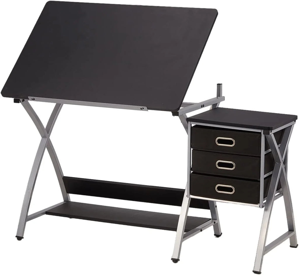 Adjustable Drafting Table with Stool and Storage Drawers, Black C15592