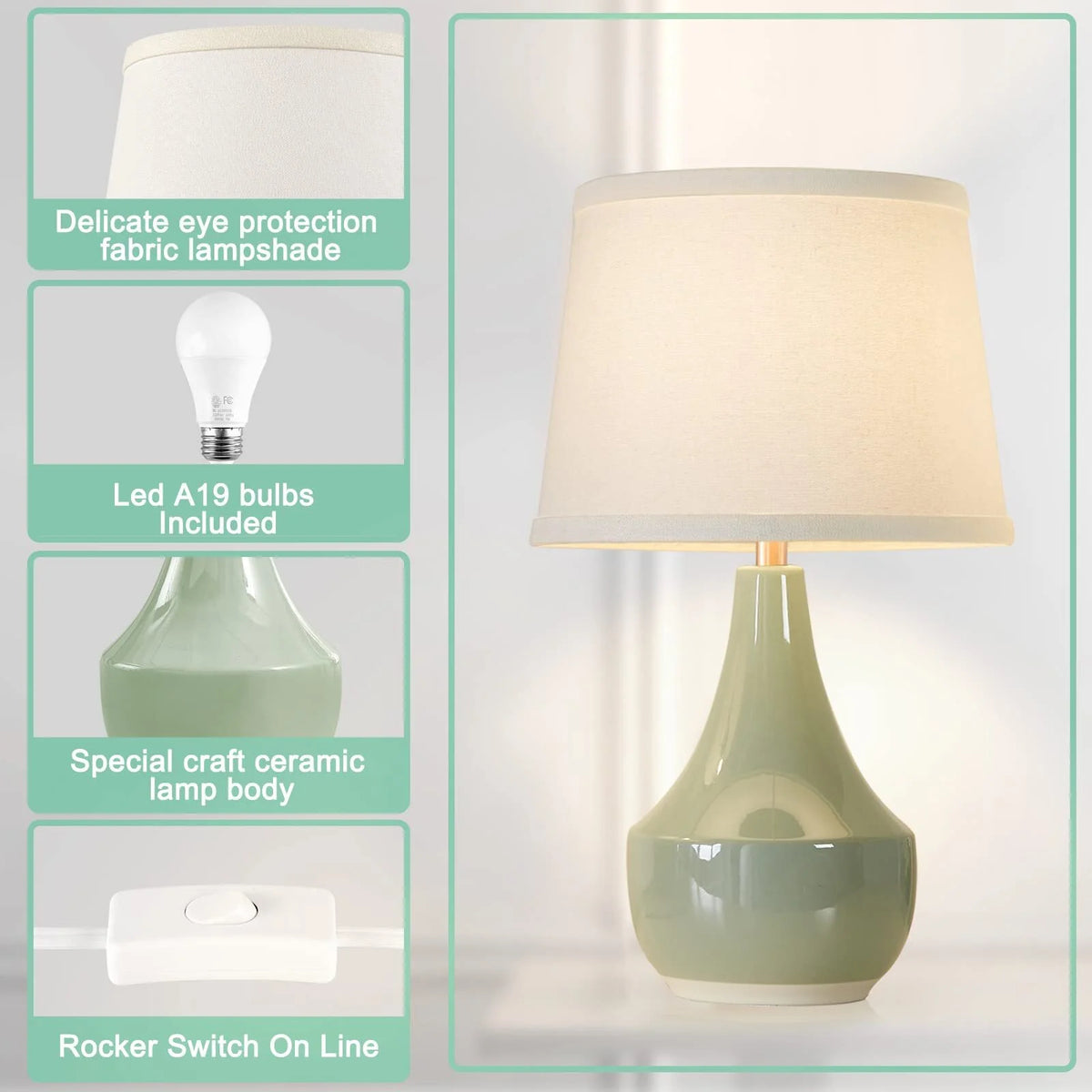 Sage Green Ceramic Table Lamp Set of 2 with Rocker Switch I8662