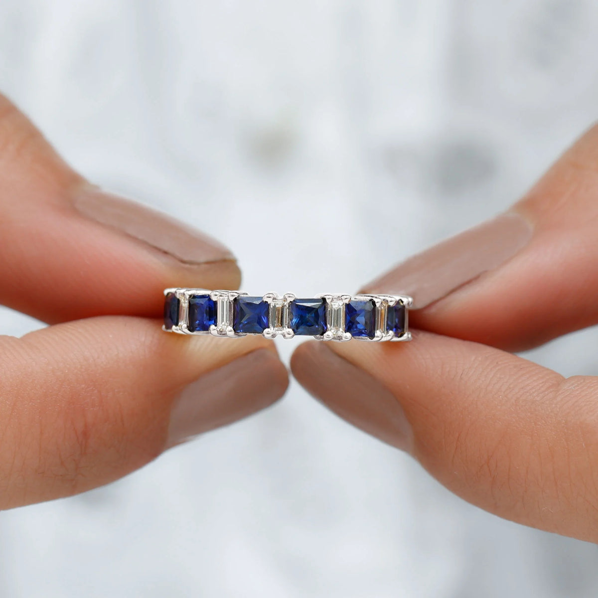 Lab Created Blue Sapphire Half Eternity Ring with Diamond - 2 CT, 14K White Gold, US 6.00 W64887