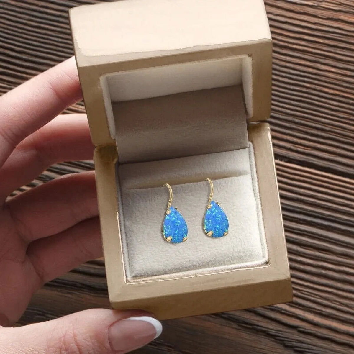 14K Yellow Gold Pear Cut Blue Opal Gemstone Teardrop Earrings W621013