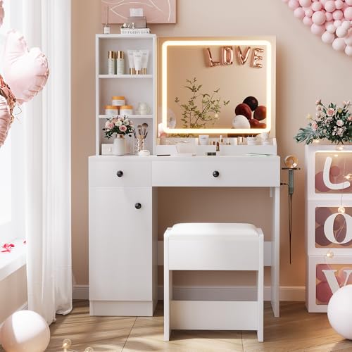 White Makeup Vanity Desk with Mirror and Lights R942621