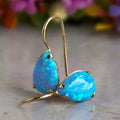 14K Yellow Gold Pear Cut Blue Opal Gemstone Teardrop Earrings W621013