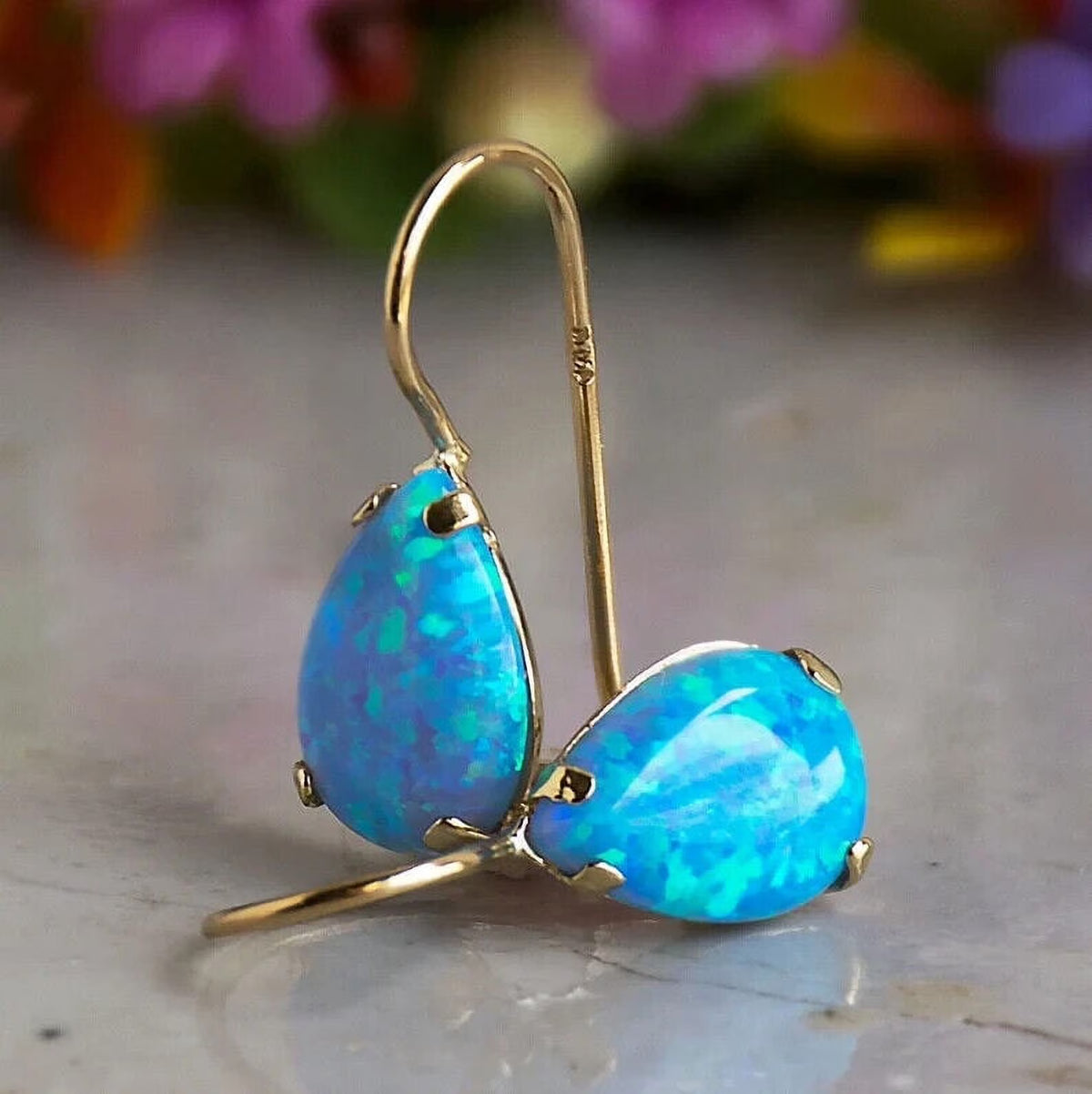 14K Yellow Gold Pear Cut Blue Opal Gemstone Teardrop Earrings W621013