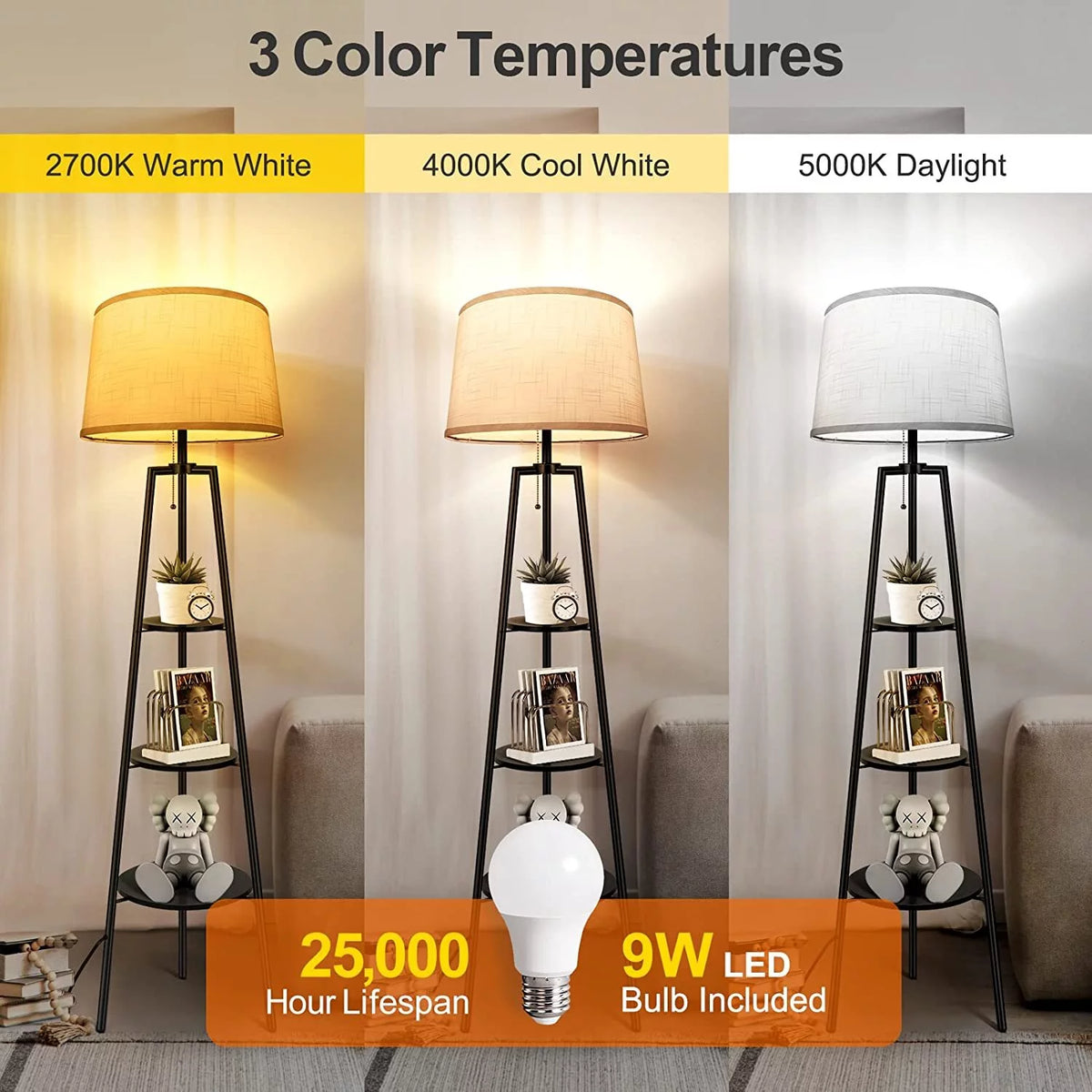Black Tripod Floor Lamp with Shelves O78510