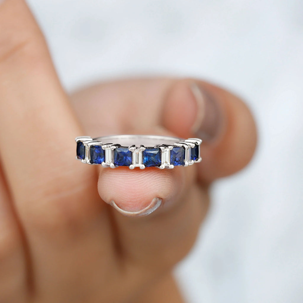 Lab Created Blue Sapphire Half Eternity Ring with Diamond - 2 CT, 14K White Gold, US 6.00 W64887