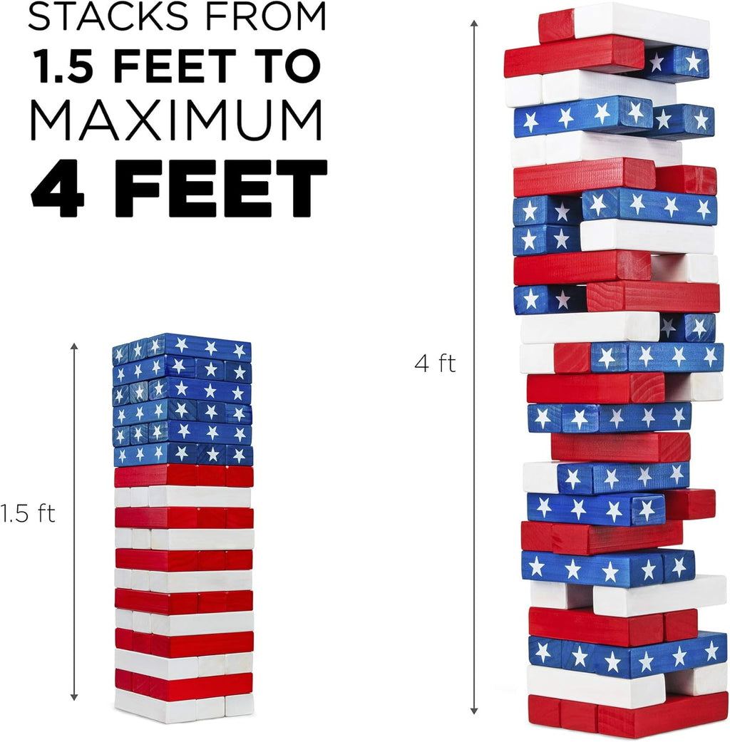 Large American Flag Tumbling Tower 54pc Wooden Toppling Blocks Stacking Yard Game with Storage Carry Bag B569837