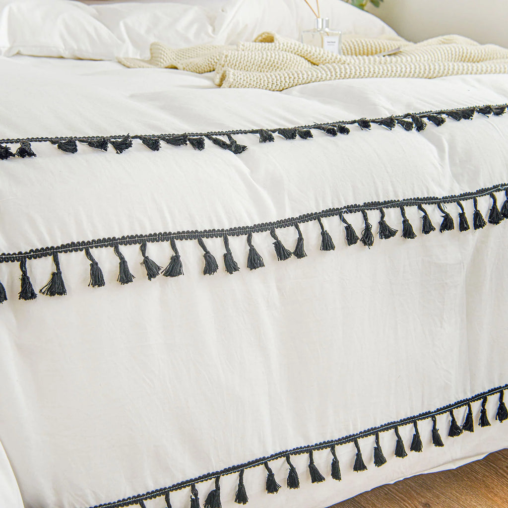 White Black Tassel King Duvet Cover Set P816773