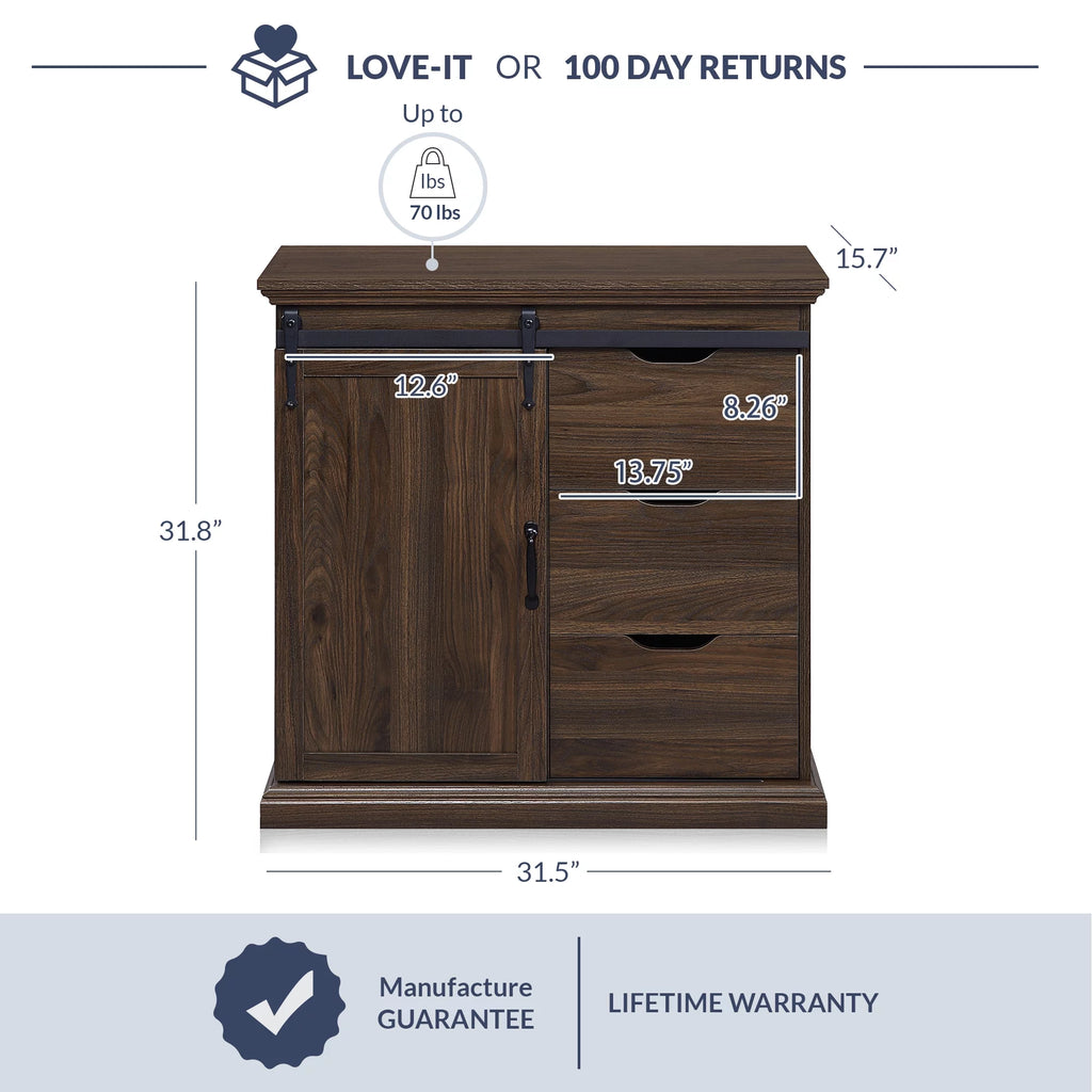 Modern Farmhouse Buffet Table with Sliding Barn Door, Three Drawers & Two Shelves O2060