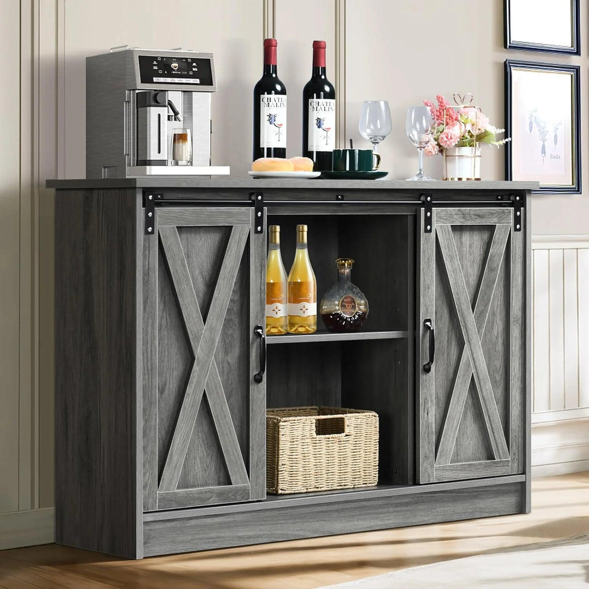 Wash Gray Coffee Bar Cabinet with Sliding Barn Doors L32508
