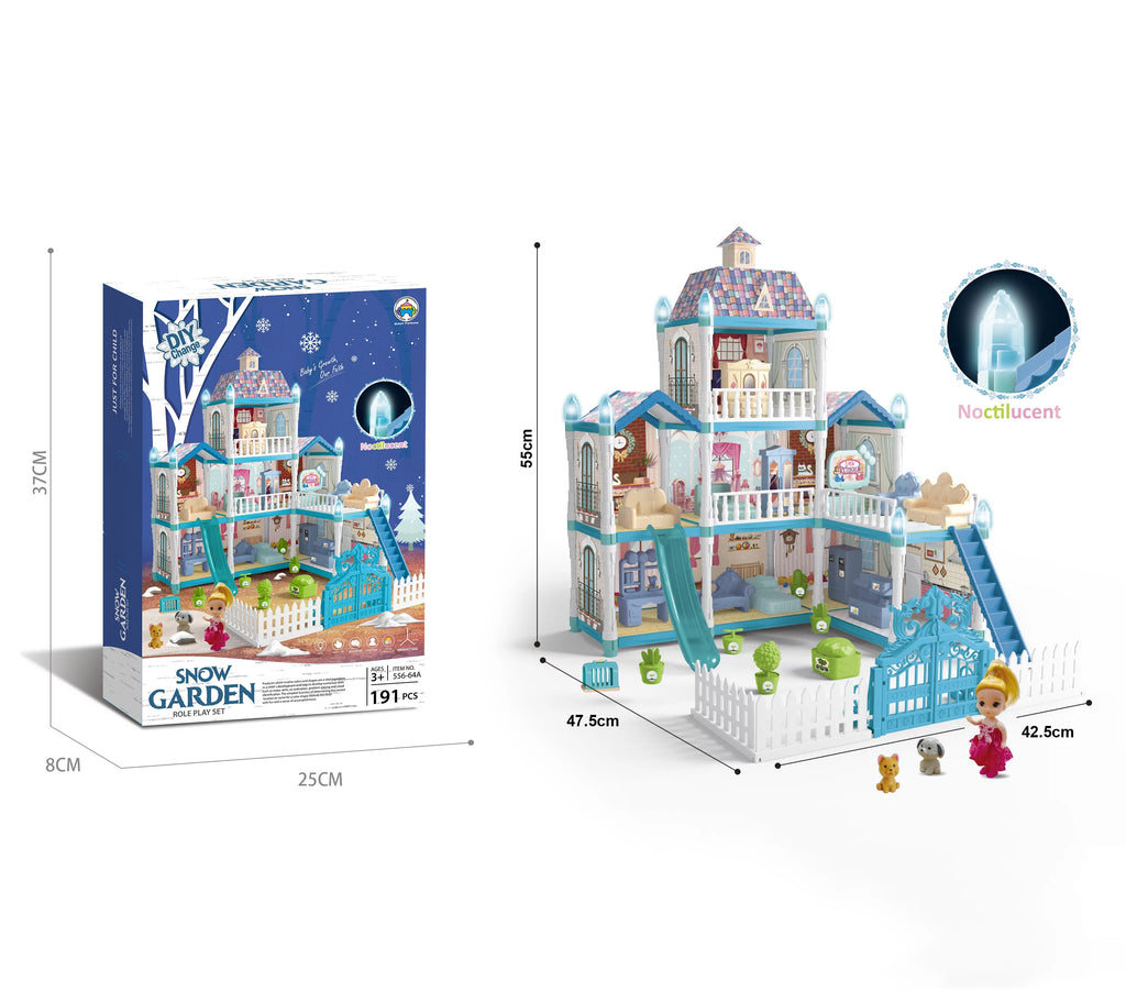 8 Room Dollhouse Play Set with Slide Doll and Furniture Accessories, 191 Pcs F870