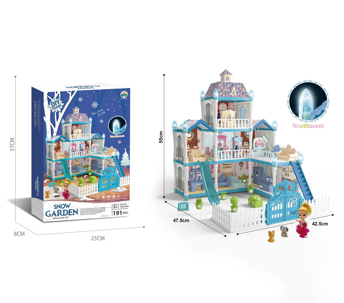 8 Room Dollhouse Play Set with Slide Doll and Furniture Accessories, 191 Pcs F870