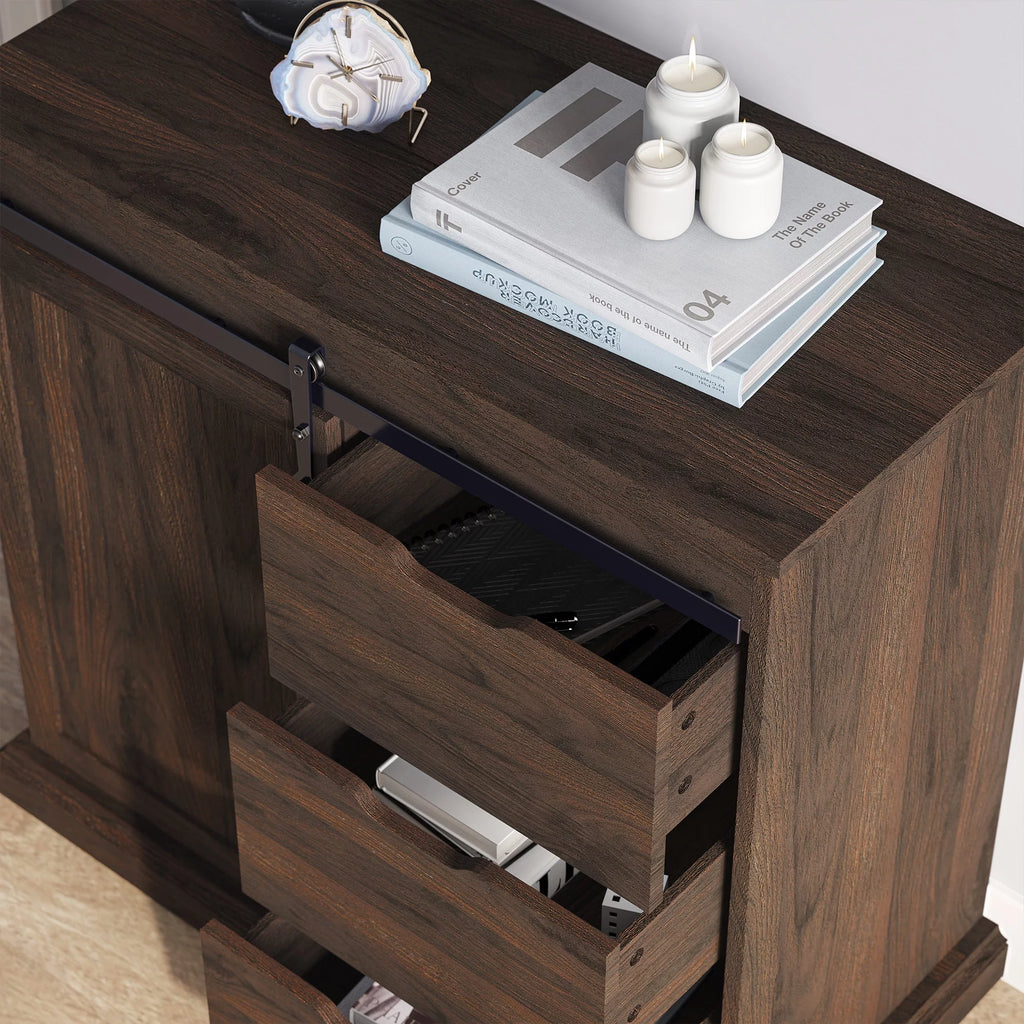 Modern Farmhouse Buffet Table with Sliding Barn Door, Three Drawers & Two Shelves O2060