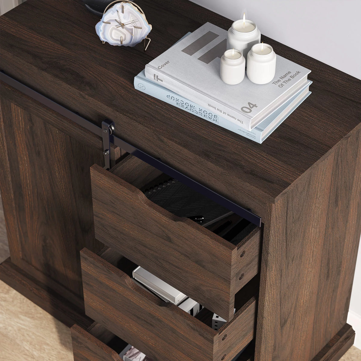 Modern Farmhouse Buffet Table with Sliding Barn Door, Three Drawers & Two Shelves O2060