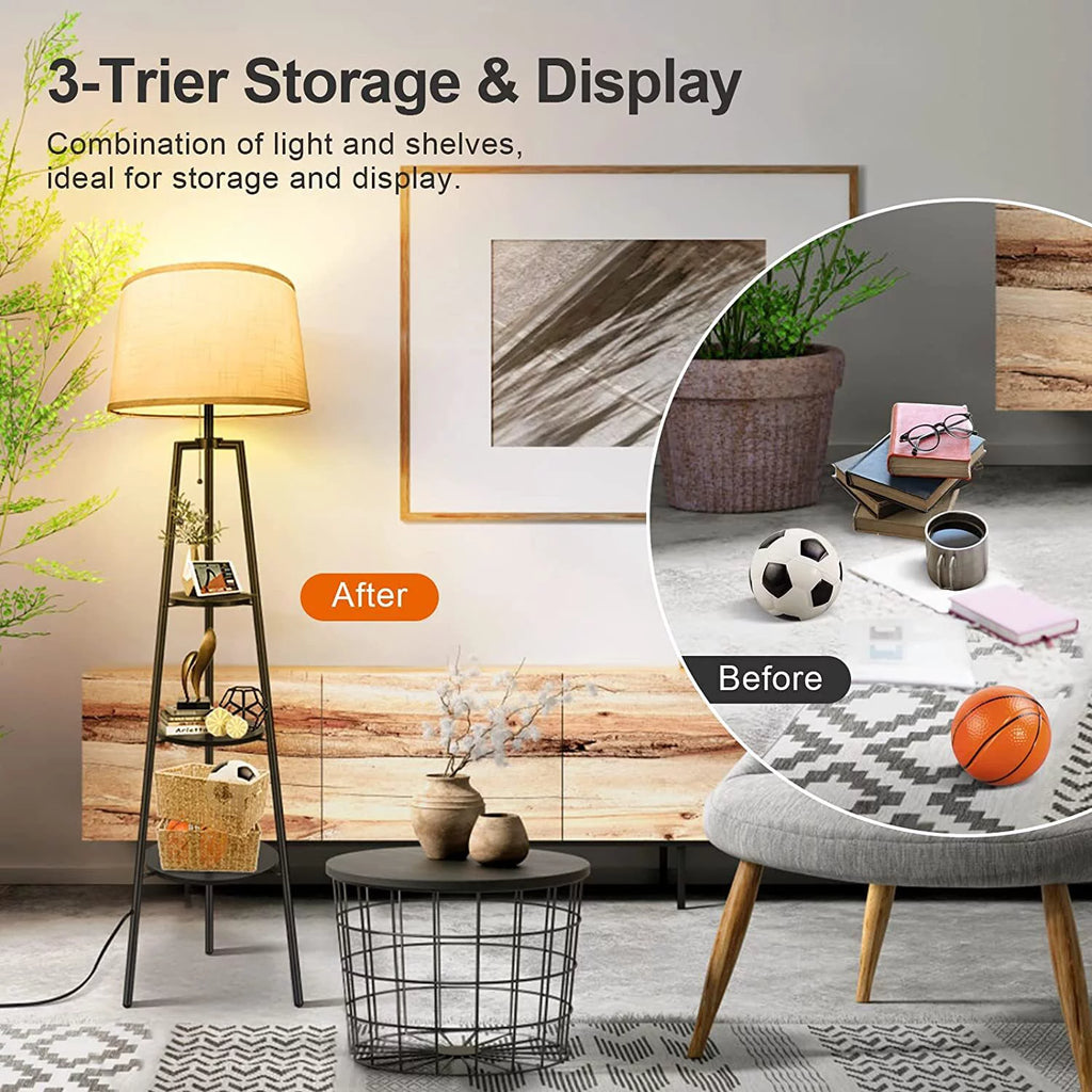 Black Tripod Floor Lamp with Shelves O78510