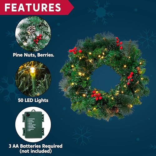20” Artificial Christmas Wreath Prelit with 50 LED Lights Z404