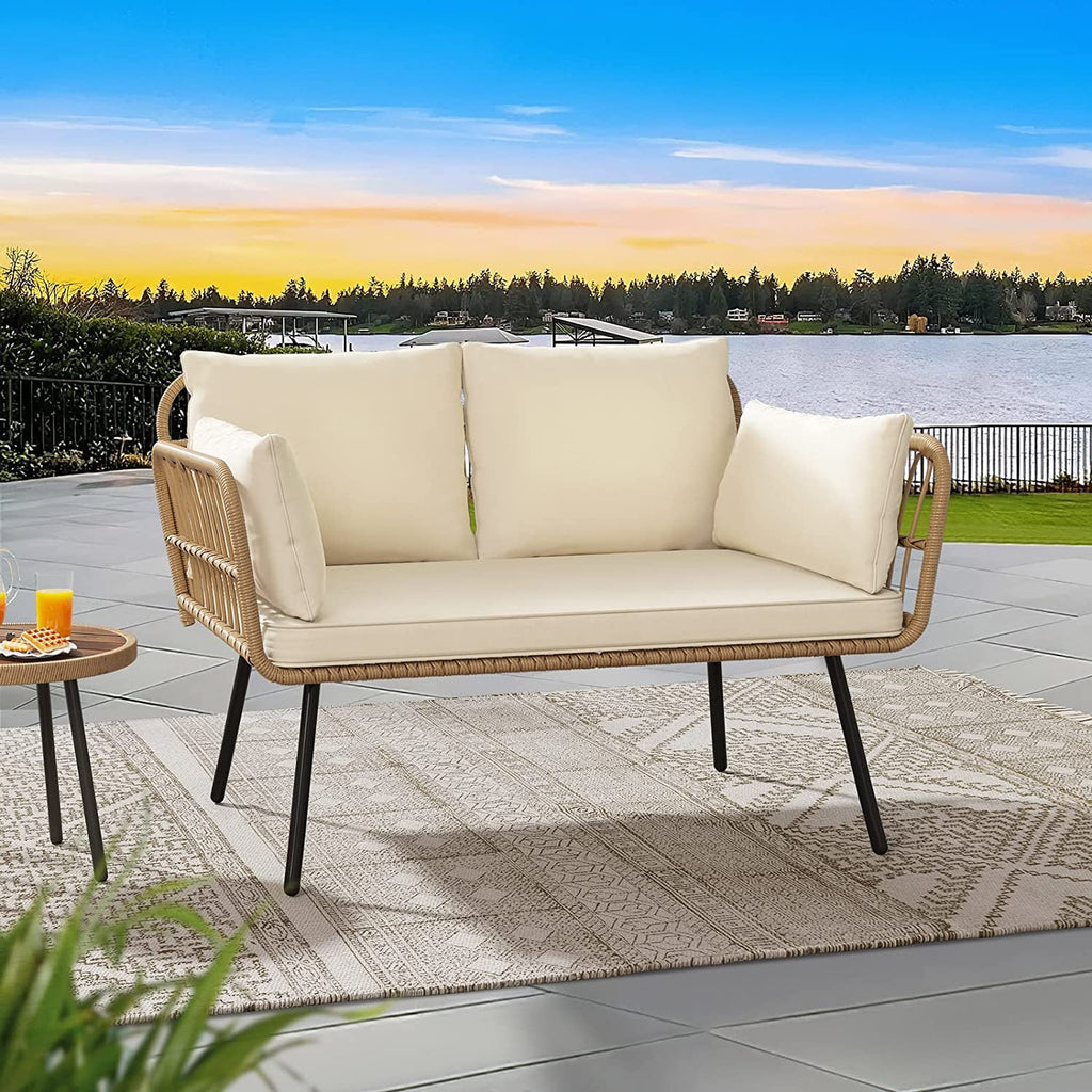 Wicker Loveseat Sofa with Beige Cushions L17043