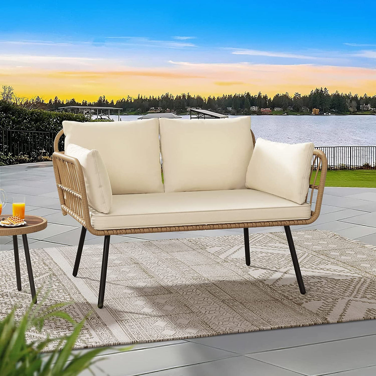 Wicker Loveseat Sofa with Beige Cushions L17043