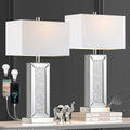 Table Lamp Set of 2 Touch Control Silver Mirror Crystal with USB C+A Ports 3-Way Dimmable White Fabric Shade Z129060