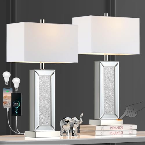 Table Lamp Set of 2 Touch Control Silver Mirror Crystal with USB C+A Ports 3-Way Dimmable White Fabric Shade Z129060