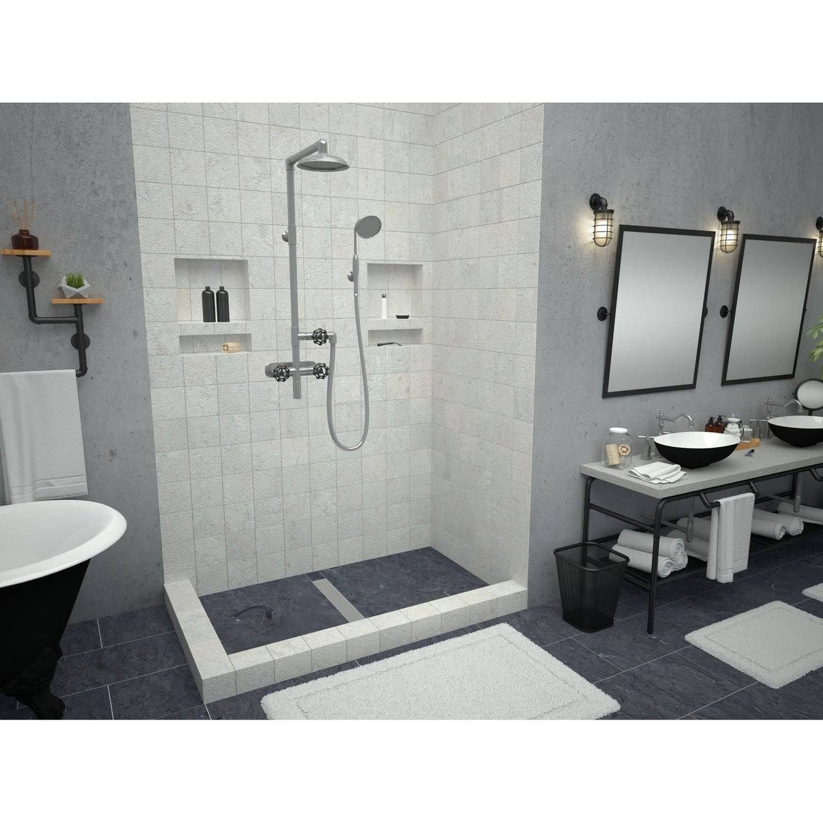 Double Curb Shower Pan with Center Trench Drain R9812
