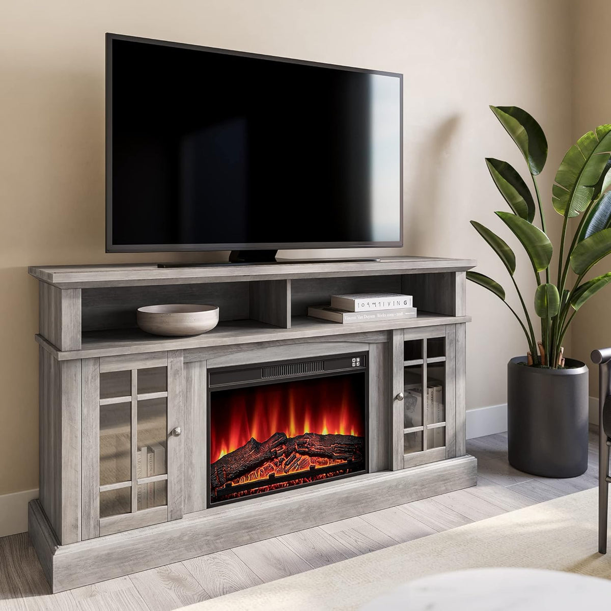 Rustic Electric Fireplace TV Stand with Open Storage Shelves & Cabinets R865