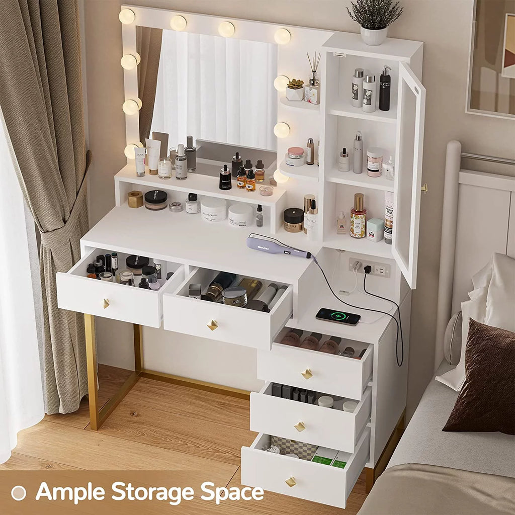 White Makeup Vanity with Lights and 5 Drawers F23083