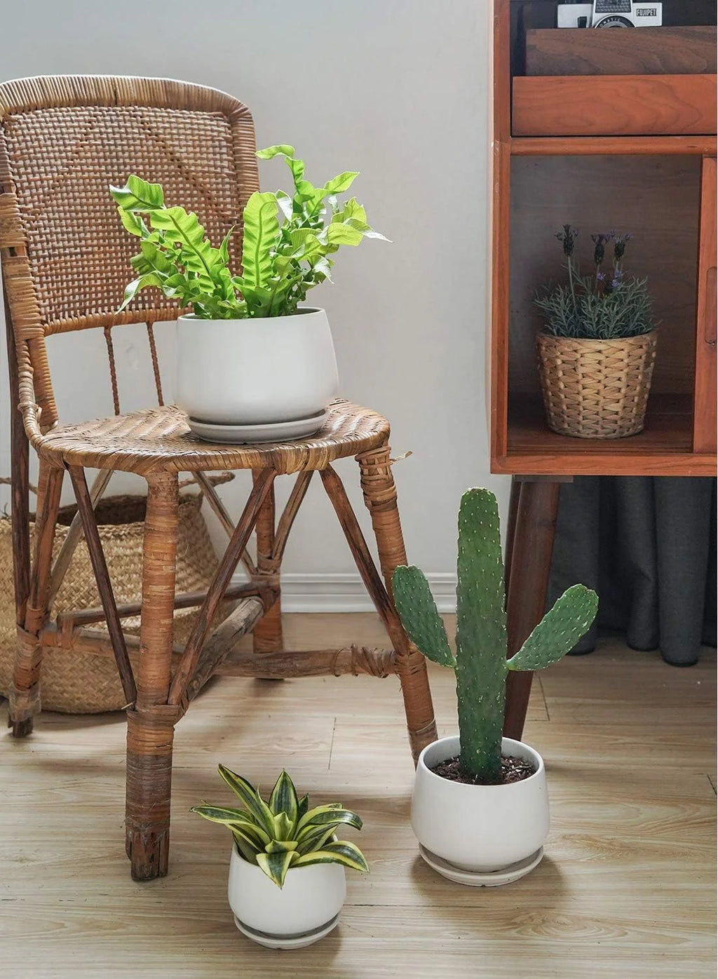 4.1+5.1+6.5 Inch Ceramic Plant Pots with Drainage Hole and Saucer, Set of 3, White R9911