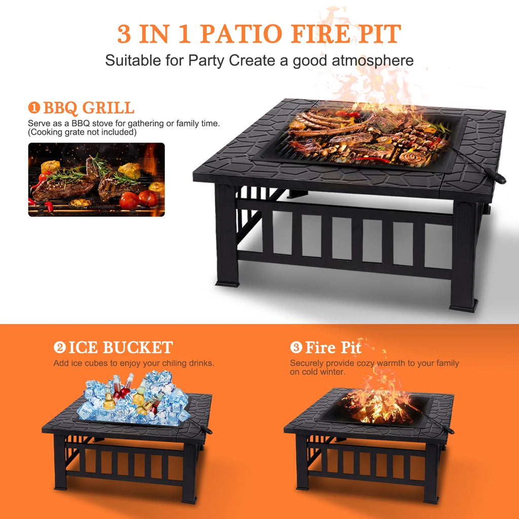 32 inch Square Metal Fire Pit Table with Cover T831383