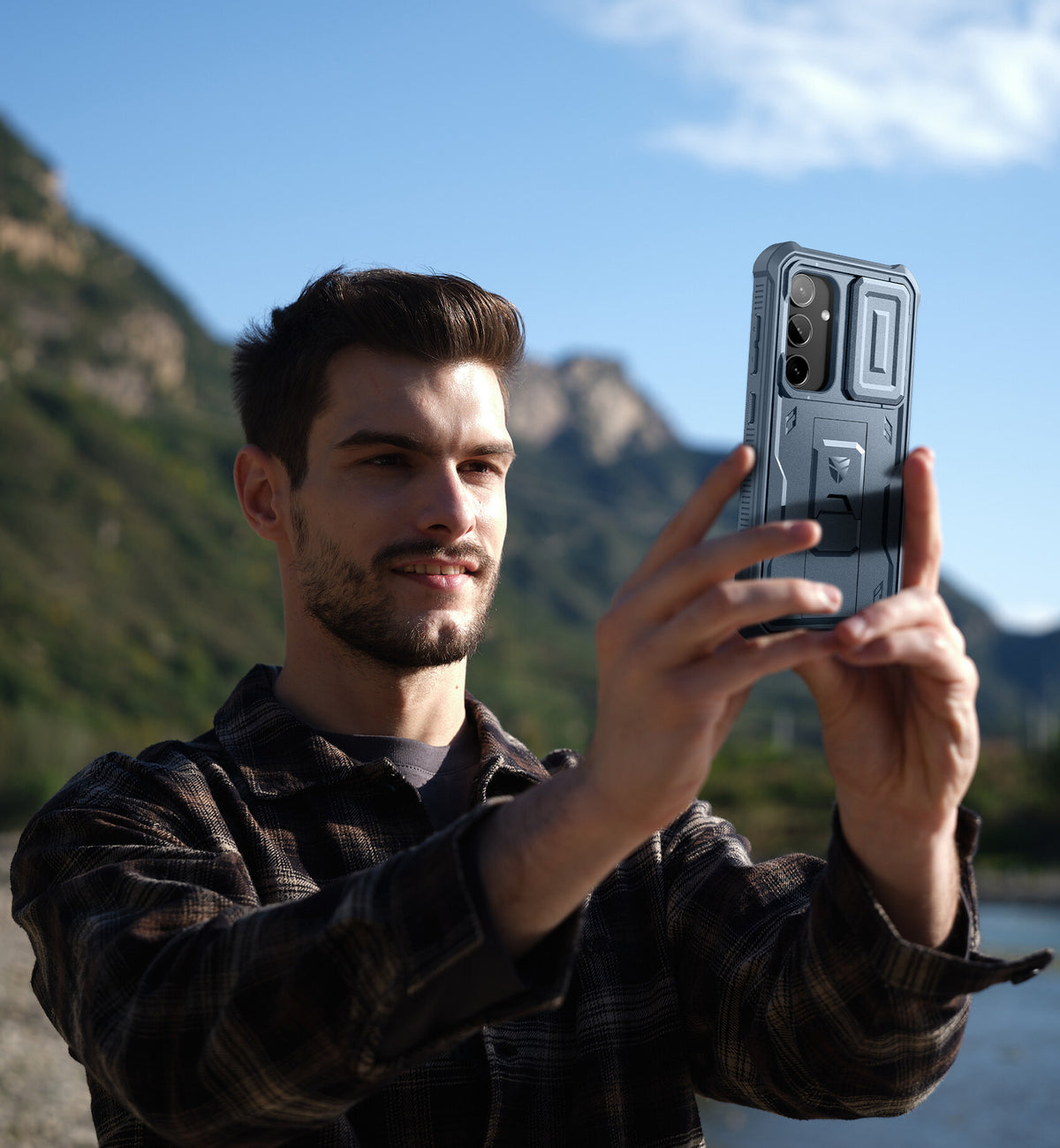 Blue Heavy-Duty Shockproof Rugged Case with Slide Camera Cover, Screen Protector & Kickstand S82832