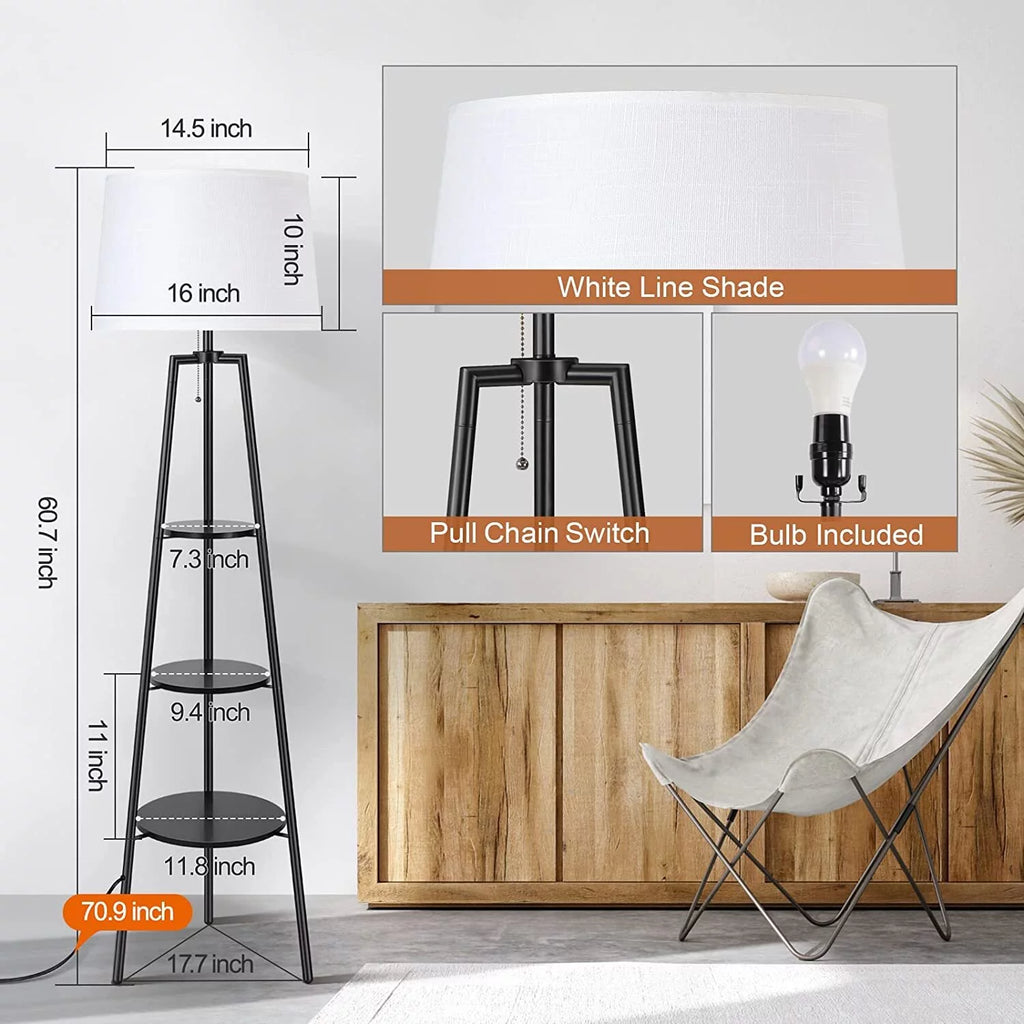 Black Tripod Floor Lamp with Shelves O78510
