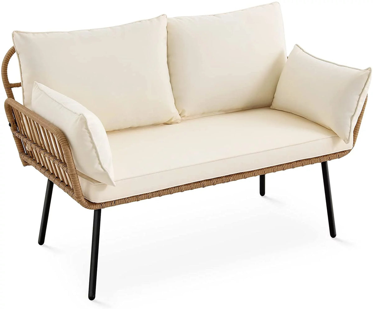 Wicker Loveseat Sofa with Beige Cushions L17043