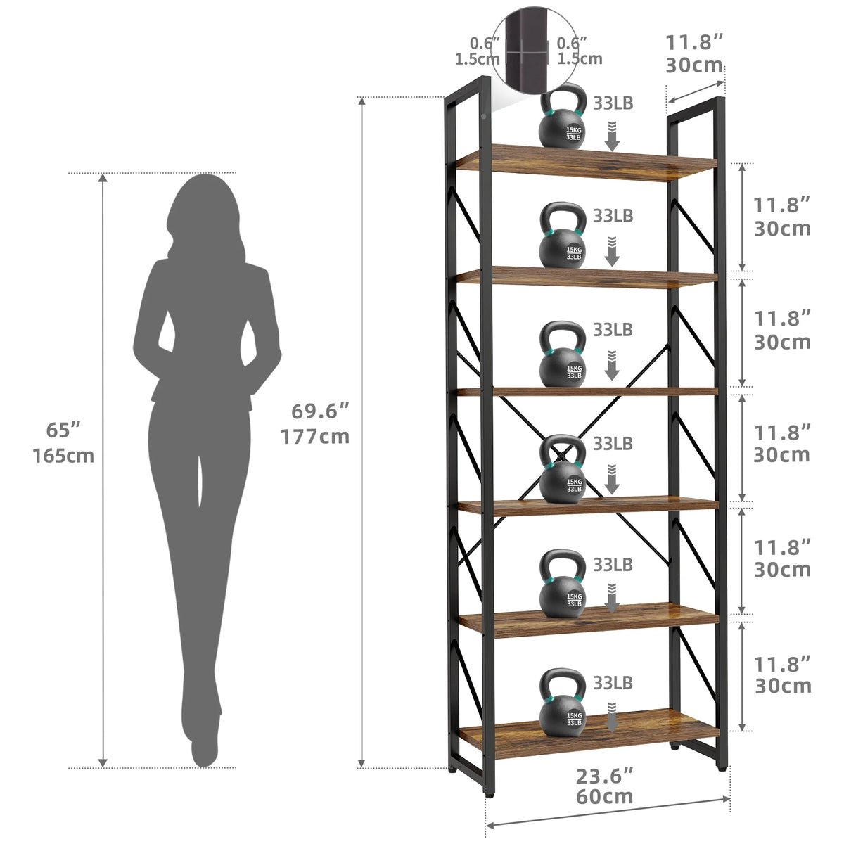 6 Tiers 69 inch Freestanding Bookshelf Black & Brown Z6056