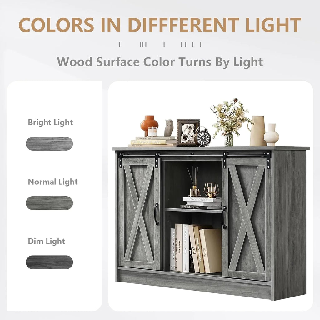 Wash Gray Coffee Bar Cabinet with Sliding Barn Doors L32508