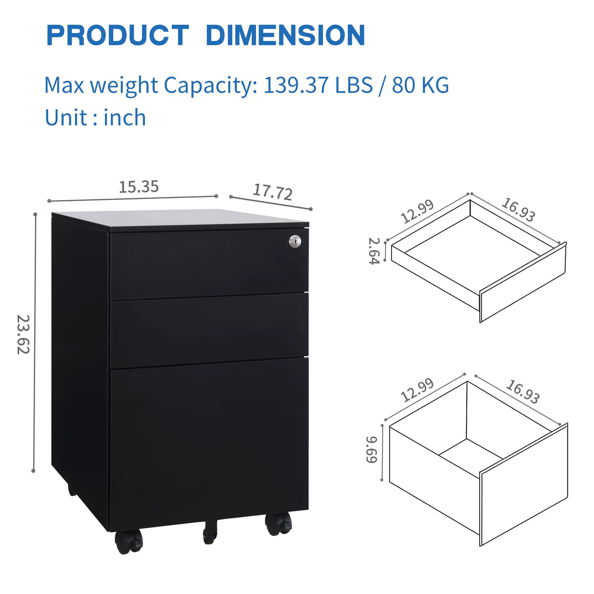 3 Drawer Black Mobile File Cabinet A754