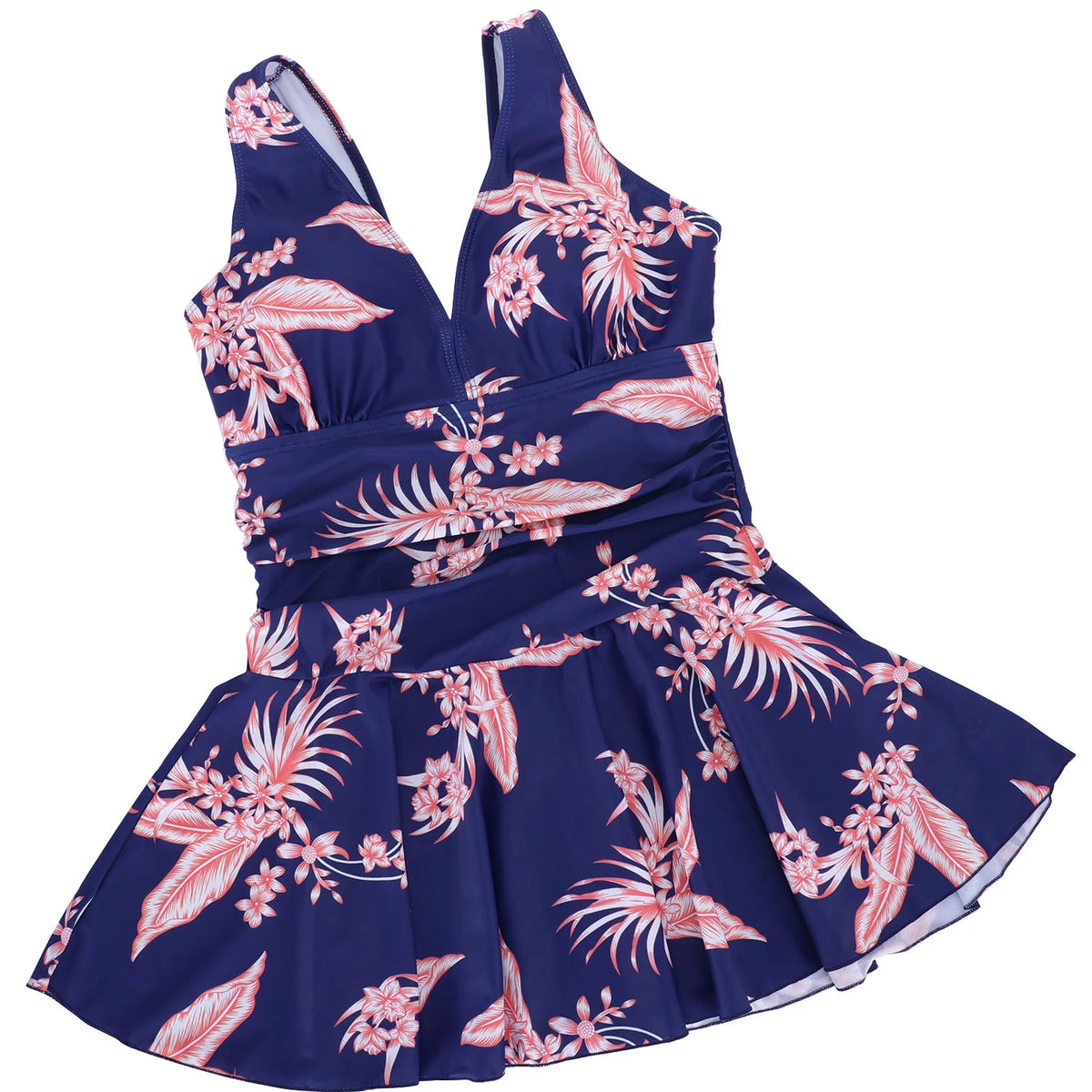 Plus-Size Flower Printing One Piece Swim Dress Tummy Control Swimsuit V465