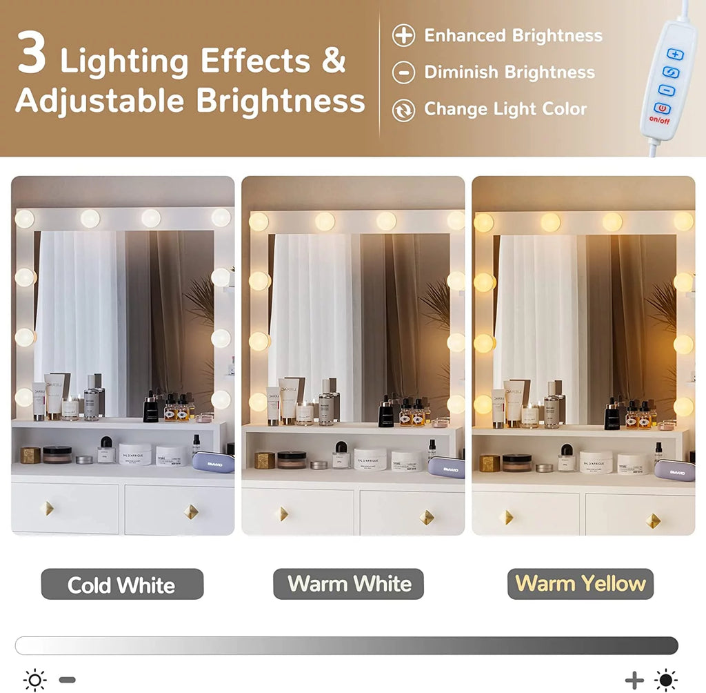 White Makeup Vanity with Lights and 5 Drawers F23083