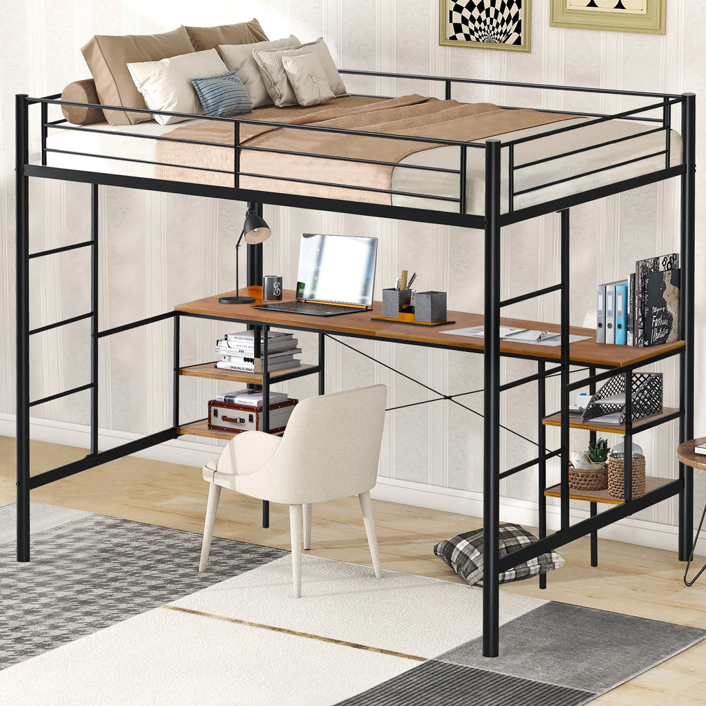 Black Twin Metal Loft Bed with Desk and 4 Shelves T685