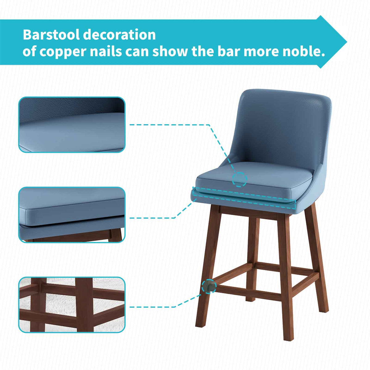 Blue 26" H Swivel Bar Stools Set of 2 with Back, Solid Wood Legs O4451